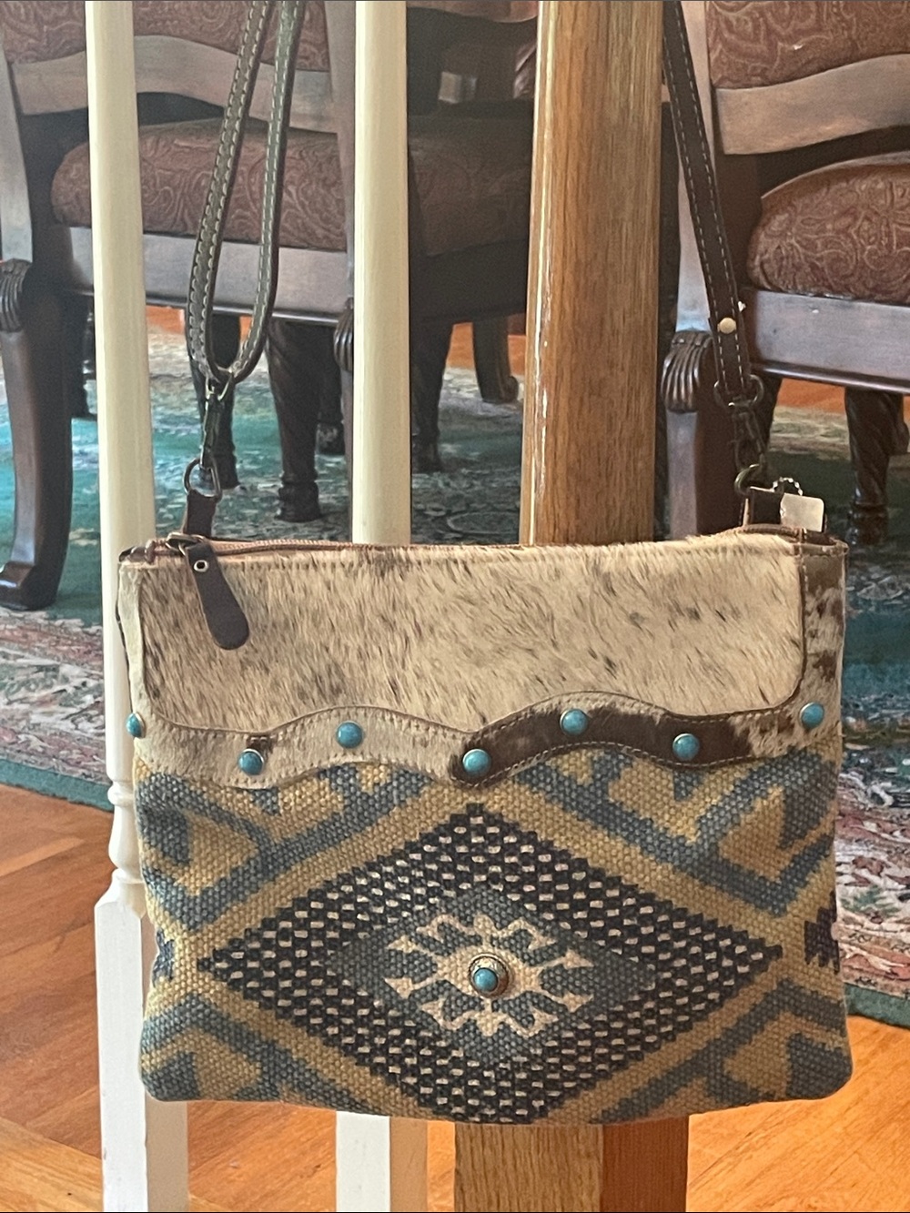 Boho Turquoise Accent Wool & Haircalf Crossbody Bag